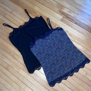 Ann Taylor Set of 2 Cami Tank Tops Lace Trim Y2K Boho Black Navy Print
